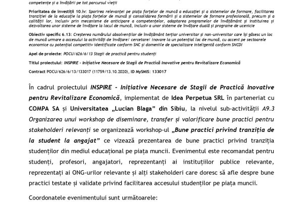 Bune practici privind tranziția de la student la angajat – workshop online în data de 11.07.2023, interval orar 15:00 – 16:00